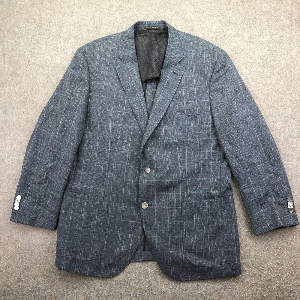 Hugo Boss Blazer Mens 46 Blue Check Tweed Wool Cotton Linen Sport Coat Jacket